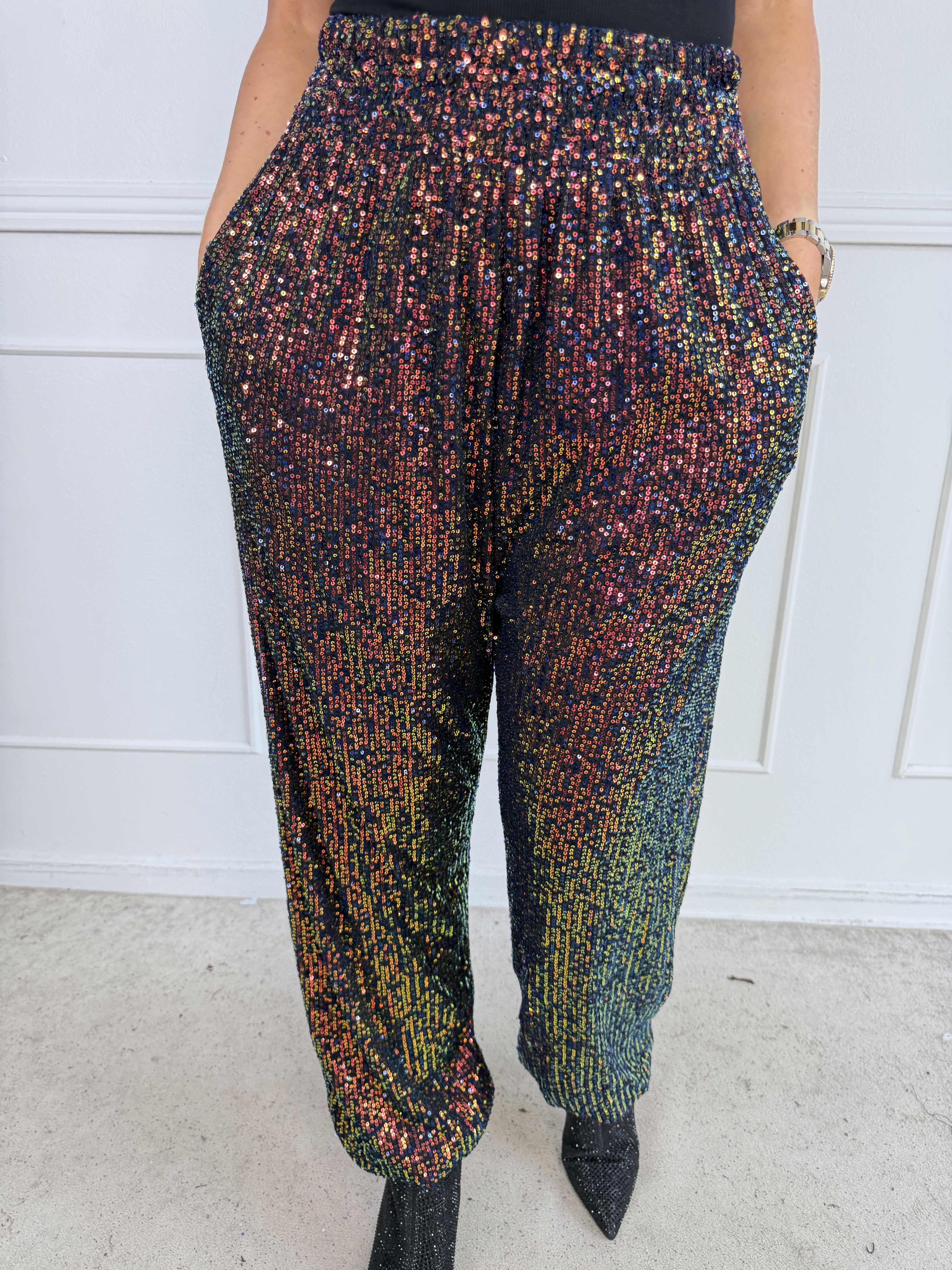 Pams Glitter Harem Pants - Elastiska paljettbyxor i plus size med smock i midjan